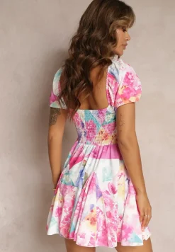 Fuksjowa Rozkloszowana Sukienka Mini z Krótkimi Rękawami i Cienkimi Gumkami Evelilles