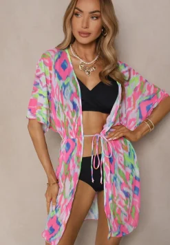 Fuksjowa Siateczkowa Narzutka z Abstrakcyjnym Motywem Ozdobiona Wiązaniem Revoreia