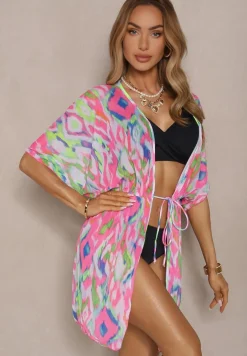 Fuksjowa Siateczkowa Narzutka z Abstrakcyjnym Motywem Ozdobiona Wiązaniem Revoreia