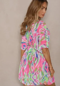 Fuksjowa Siateczkowa Narzutka z Abstrakcyjnym Motywem Ozdobiona Wiązaniem Revoreia