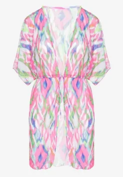 Fuksjowa Siateczkowa Narzutka z Abstrakcyjnym Motywem Ozdobiona Wiązaniem Revoreia