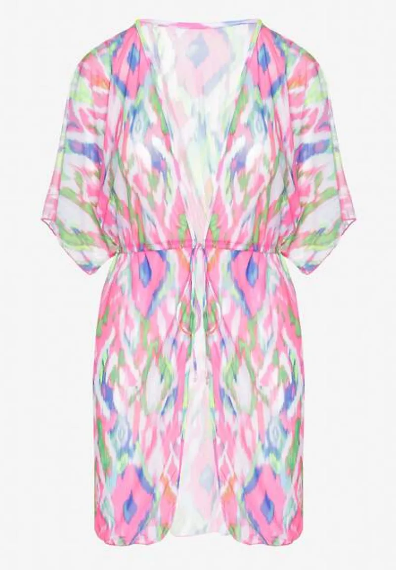 Fuksjowa Siateczkowa Narzutka z Abstrakcyjnym Motywem Ozdobiona Wiązaniem Revoreia