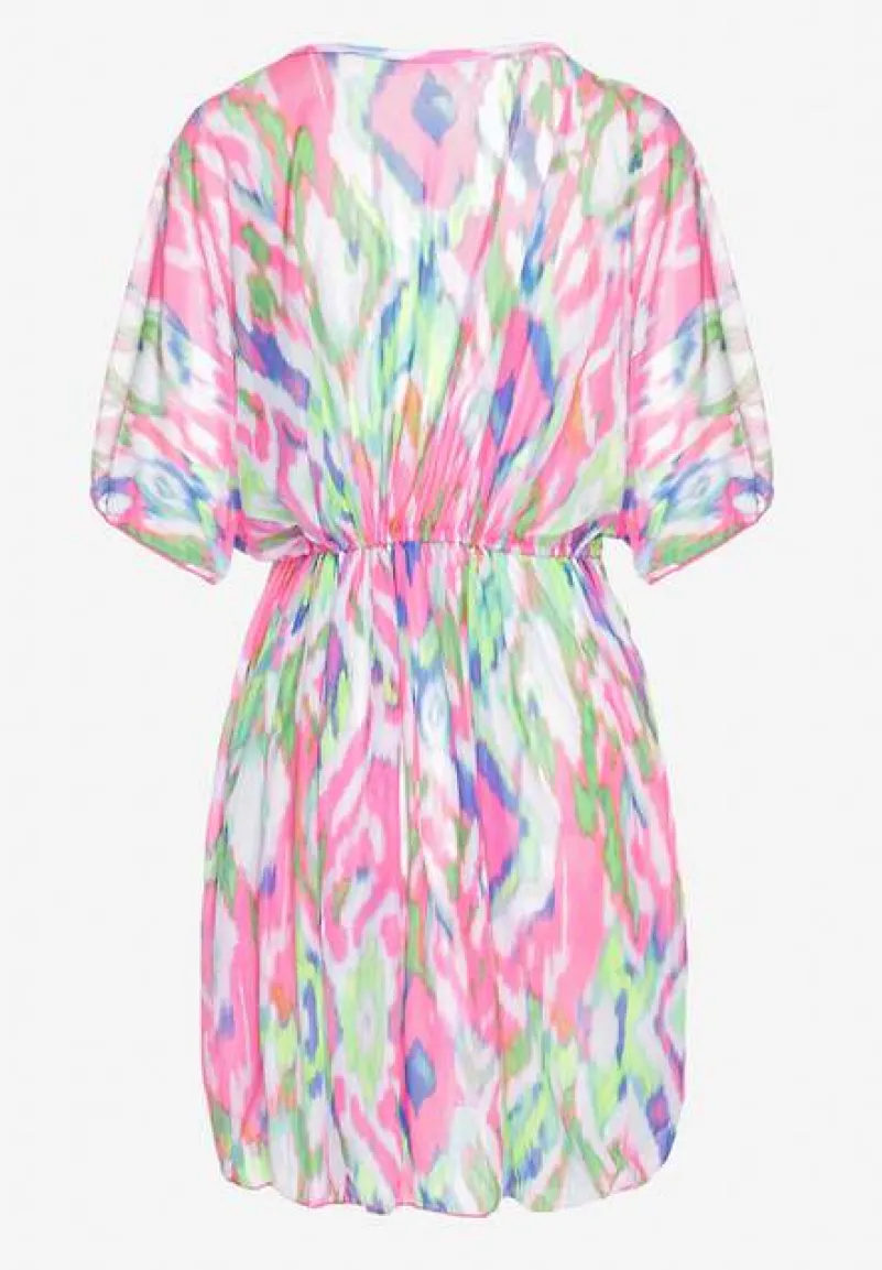 Fuksjowa Siateczkowa Narzutka z Abstrakcyjnym Motywem Ozdobiona Wiązaniem Revoreia