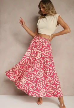 Fuksjowa Spódnica z Wiskozy z Geometrycznym Motywem Axeria