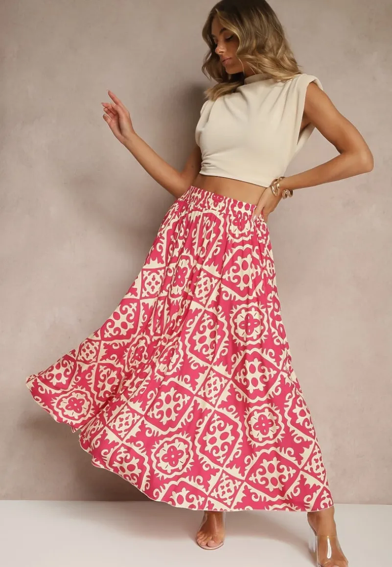 Fuksjowa Spódnica z Wiskozy z Geometrycznym Motywem Axeria