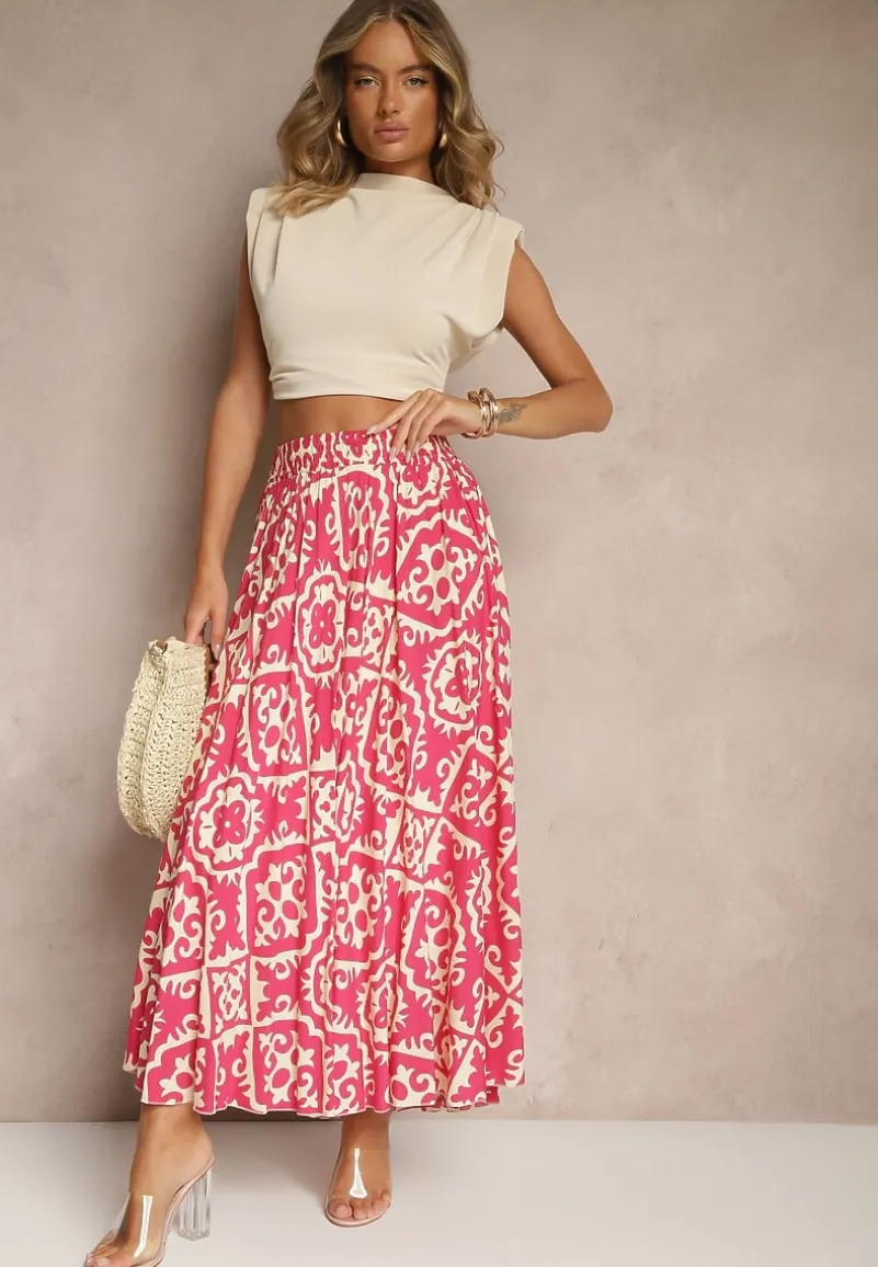 Fuksjowa Spódnica z Wiskozy z Geometrycznym Motywem Axeria