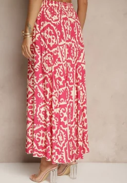 Fuksjowa Spódnica z Wiskozy z Geometrycznym Motywem Axeria