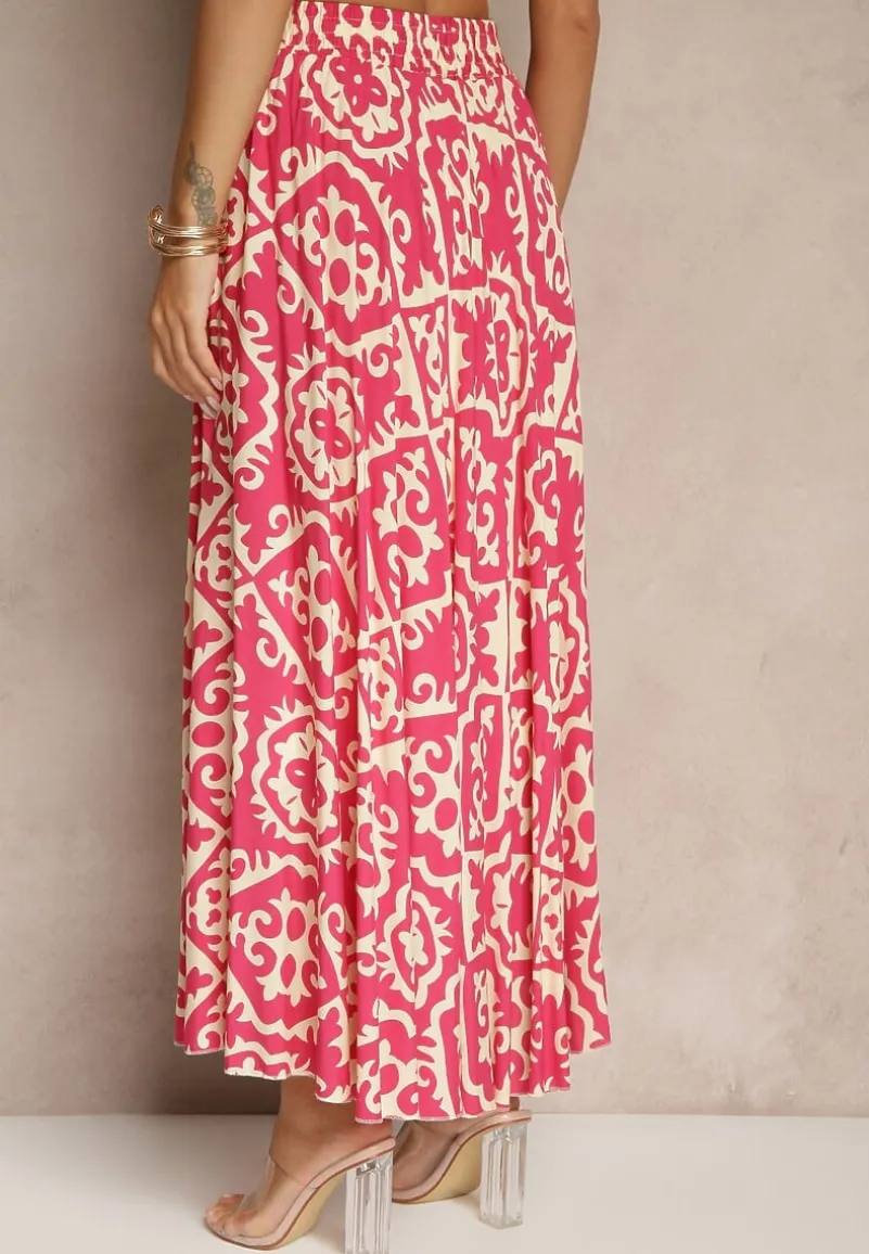 Fuksjowa Spódnica z Wiskozy z Geometrycznym Motywem Axeria