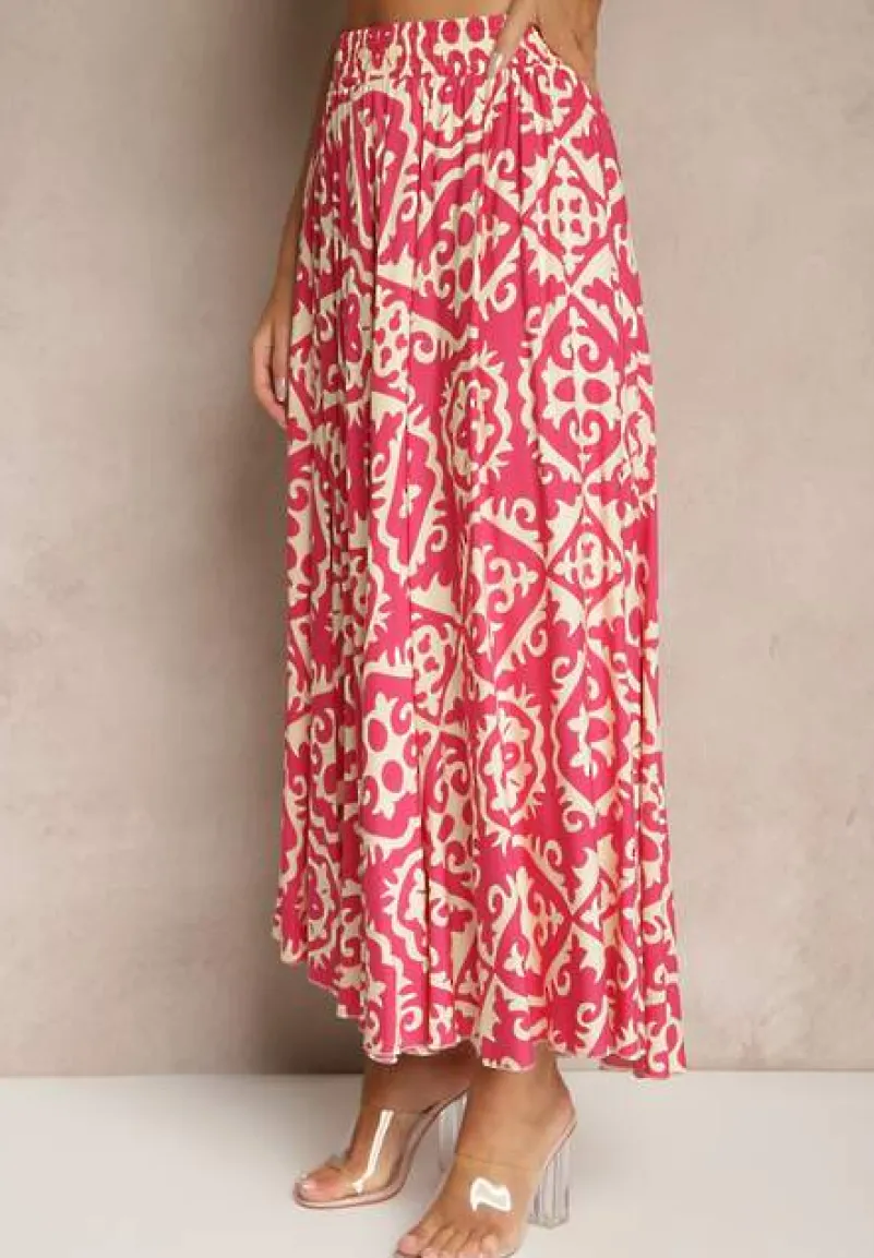 Fuksjowa Spódnica z Wiskozy z Geometrycznym Motywem Axeria