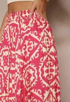 Fuksjowa Spódnica z Wiskozy z Geometrycznym Motywem Axeria