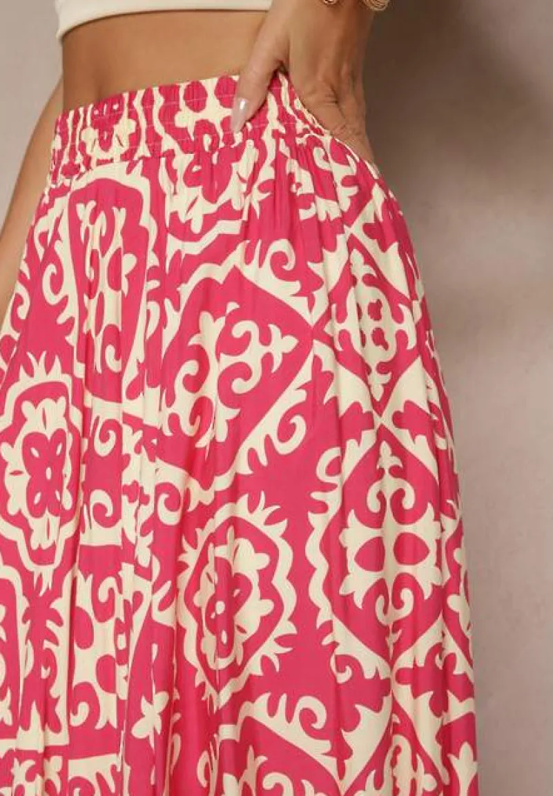 Fuksjowa Spódnica z Wiskozy z Geometrycznym Motywem Axeria