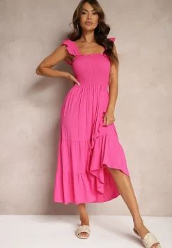 Fuksjowa Sukienka z Bawełny na Ramiączkach Ozdobiona Falbanami i Gumkami Mevalys