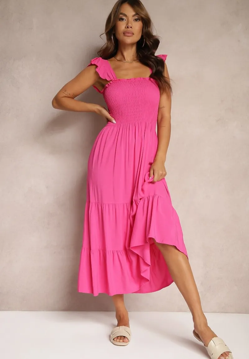 Fuksjowa Sukienka z Bawełny na Ramiączkach Ozdobiona Falbanami i Gumkami Mevalys