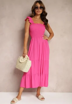 Fuksjowa Sukienka z Bawełny na Ramiączkach Ozdobiona Falbanami i Gumkami Mevalys