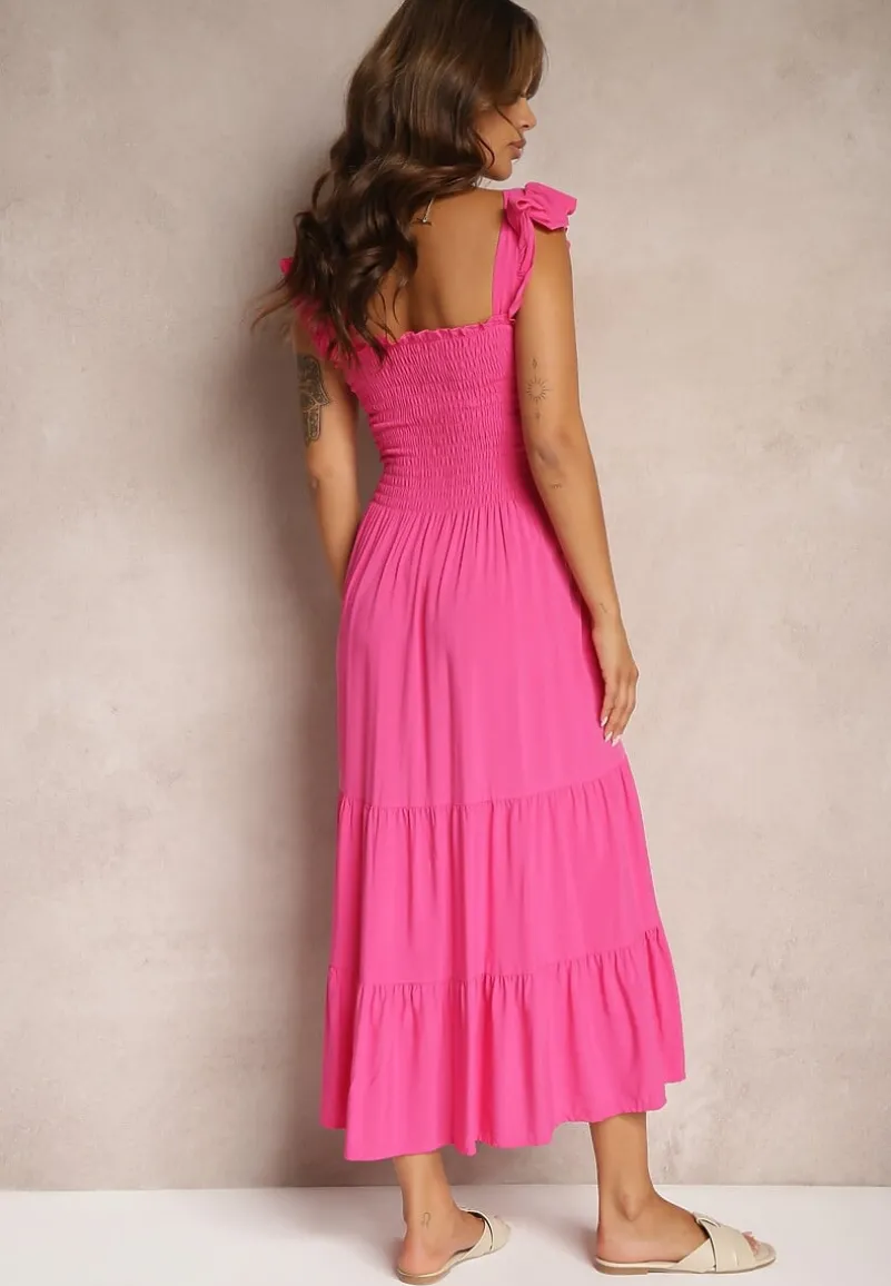 Fuksjowa Sukienka z Bawełny na Ramiączkach Ozdobiona Falbanami i Gumkami Mevalys