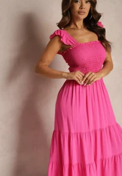 Fuksjowa Sukienka z Bawełny na Ramiączkach Ozdobiona Falbanami i Gumkami Mevalys