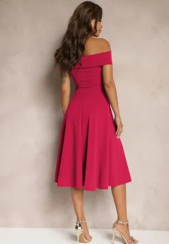 Fuksjowa Sukienka z Hiszpańskim Dekoltem o Rozkloszowanym Kroju Pelorea