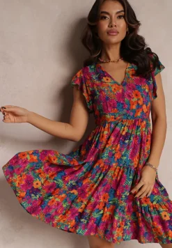 Fuksjowa Wiskozowa Sukienka Mini z Falbaną Linne