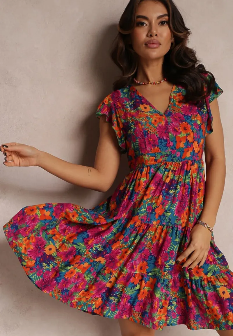 Fuksjowa Wiskozowa Sukienka Mini z Falbaną Linne