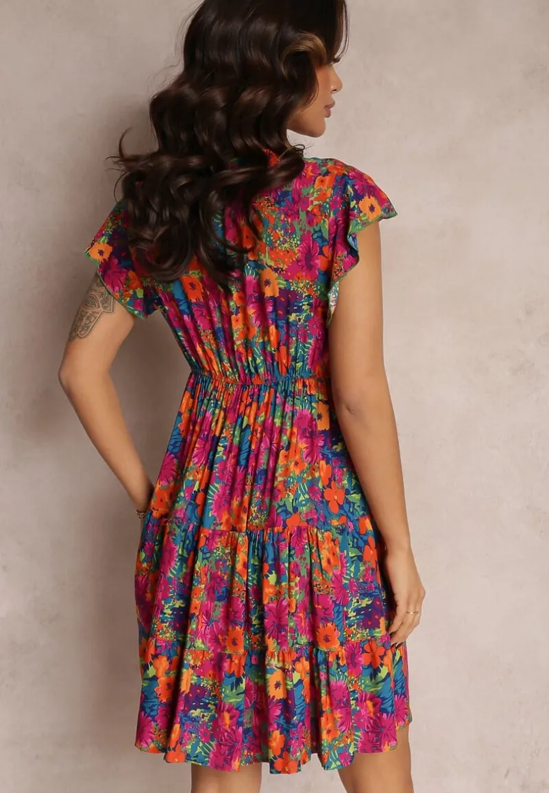 Fuksjowa Wiskozowa Sukienka Mini z Falbaną Linne