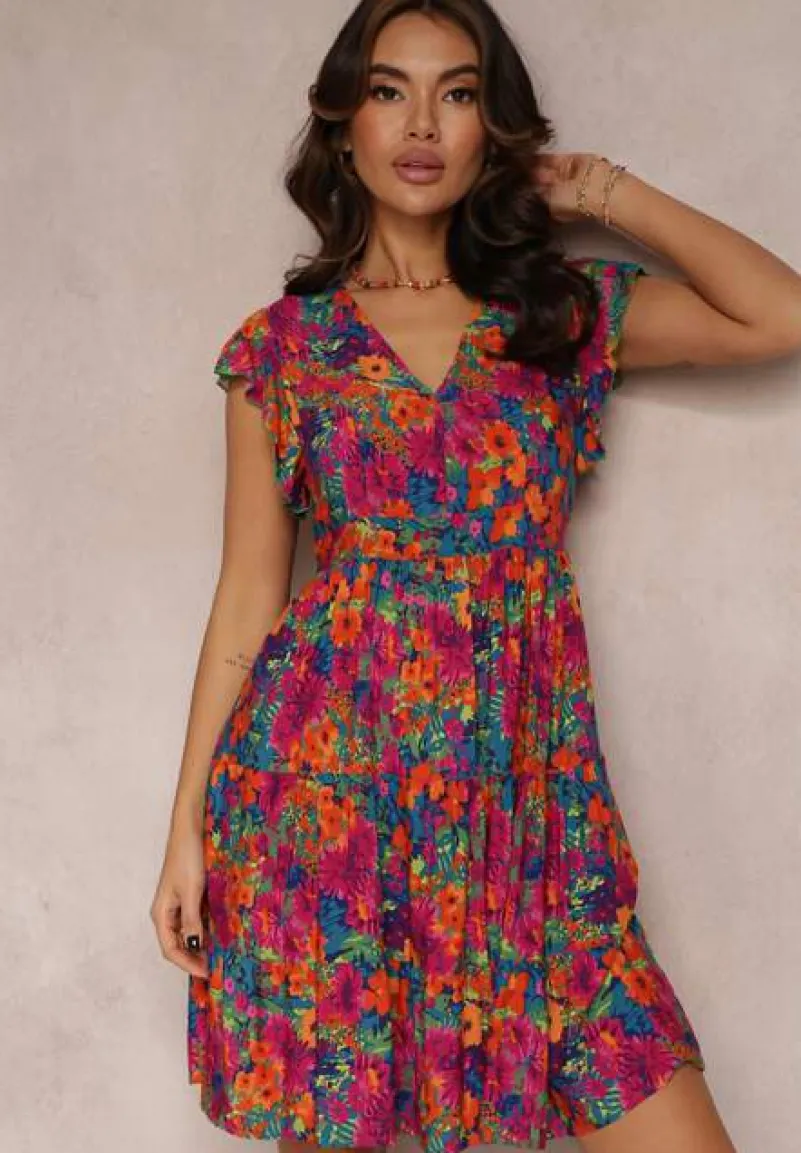 Fuksjowa Wiskozowa Sukienka Mini z Falbaną Linne