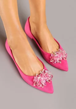 Fuksjowe Balerinki ze Skórzaną Wkładką Ozdobione Kryształkami Vevola