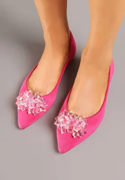 Fuksjowe Balerinki ze Skórzaną Wkładką Ozdobione Kryształkami Vevola