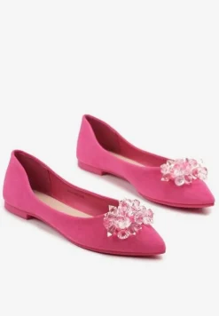 Fuksjowe Balerinki ze Skórzaną Wkładką Ozdobione Kryształkami Vevola