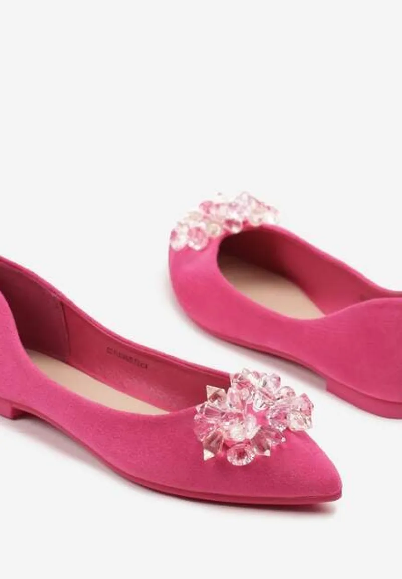 Fuksjowe Balerinki ze Skórzaną Wkładką Ozdobione Kryształkami Vevola