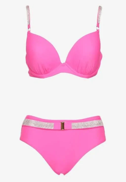 Fuksjowe Bikini Majtki Figi i Biustonosz z Cyrkoniami Tenumela