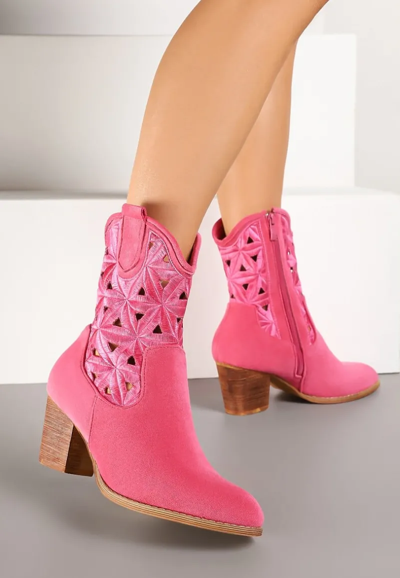 Fuksjowe Botki Kowbojki Vices na Słupku z Geometrycznym Motywem Sarori