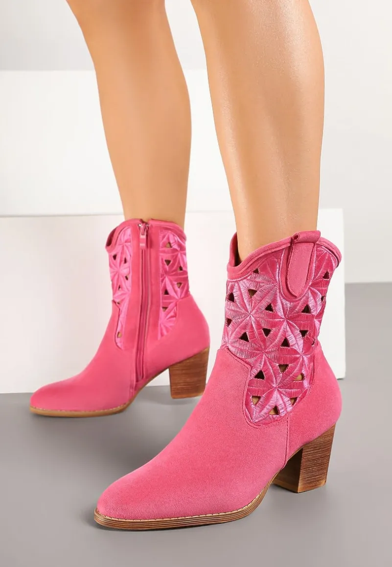 Fuksjowe Botki Kowbojki Vices na Słupku z Geometrycznym Motywem Sarori