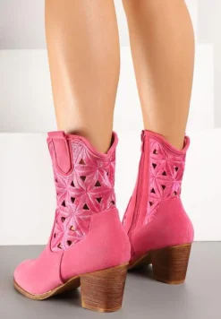 Fuksjowe Botki Kowbojki Vices na Słupku z Geometrycznym Motywem Sarori