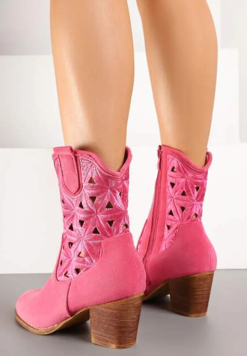 Fuksjowe Botki Kowbojki Vices na Słupku z Geometrycznym Motywem Sarori