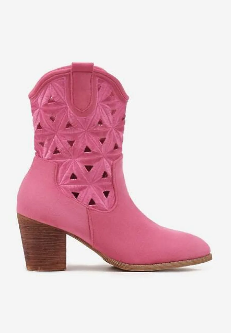 Fuksjowe Botki Kowbojki Vices na Słupku z Geometrycznym Motywem Sarori