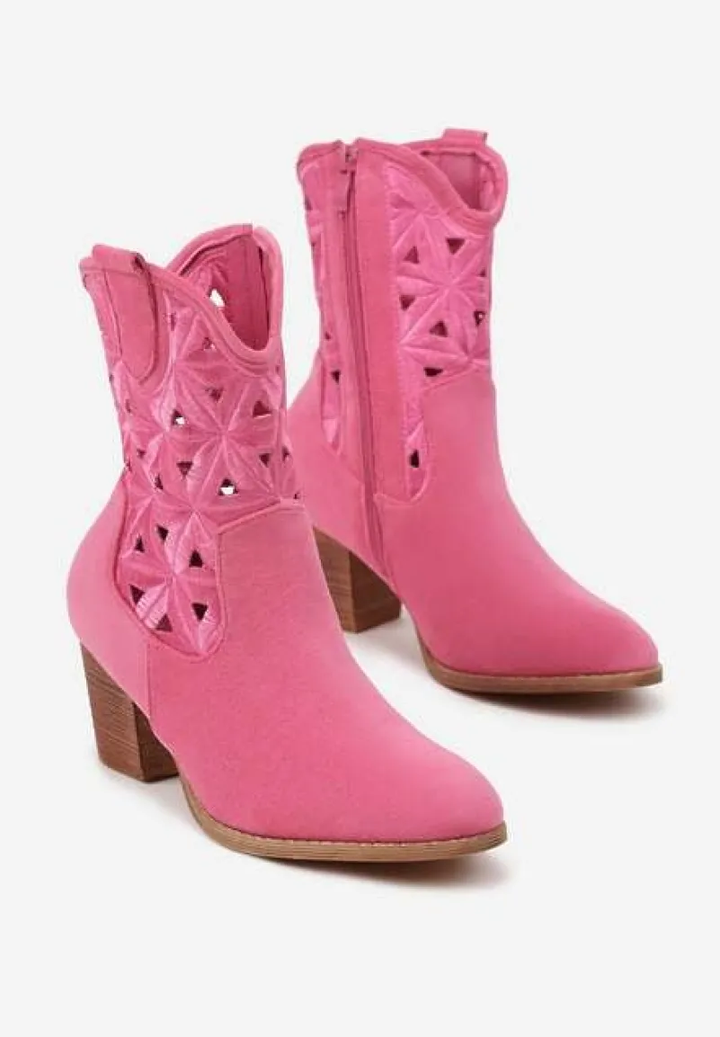 Fuksjowe Botki Kowbojki Vices na Słupku z Geometrycznym Motywem Sarori