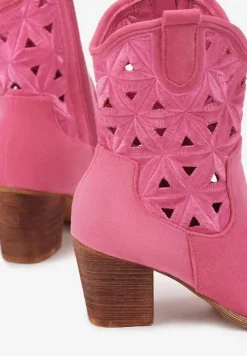 Fuksjowe Botki Kowbojki Vices na Słupku z Geometrycznym Motywem Sarori
