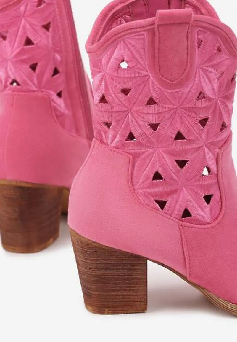 Fuksjowe Botki Kowbojki Vices na Słupku z Geometrycznym Motywem Sarori