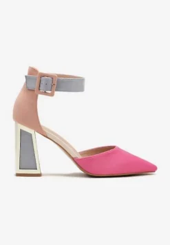 Fuksjowe Czółenka na Stożku Ozdobione Paskiem Wokół Kostki i Metaliczną Aplikacją Tiliri