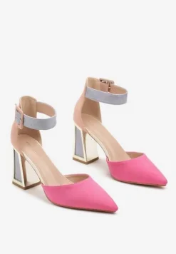 Fuksjowe Czółenka na Stożku Ozdobione Paskiem Wokół Kostki i Metaliczną Aplikacją Tiliri