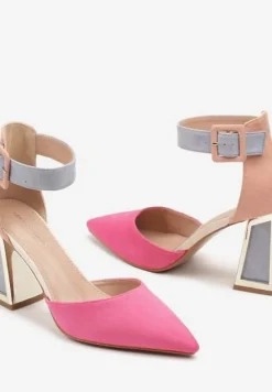 Fuksjowe Czółenka na Stożku Ozdobione Paskiem Wokół Kostki i Metaliczną Aplikacją Tiliri