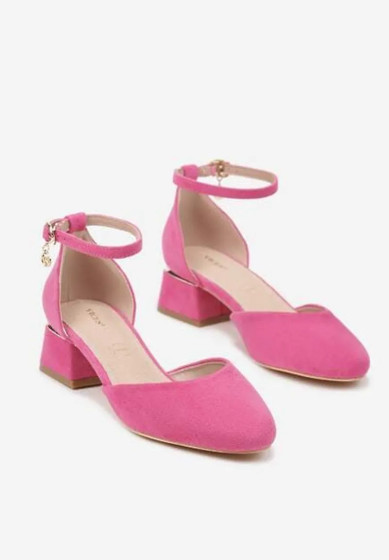 Fuksjowe Czółenka Vices na Słupku z Wkładką ze Skóry Naturalnej i Metaliczną Ozdobą Velori