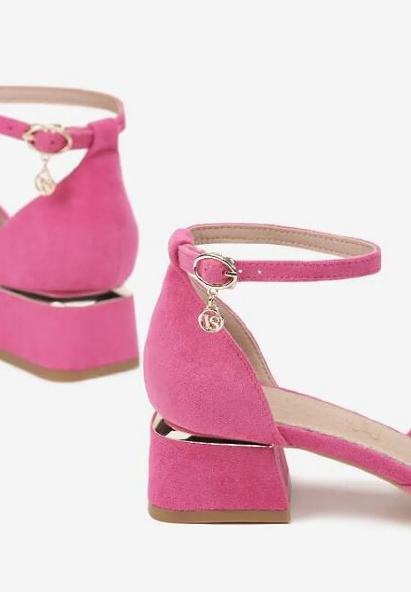 Fuksjowe Czółenka Vices na Słupku z Wkładką ze Skóry Naturalnej i Metaliczną Ozdobą Velori