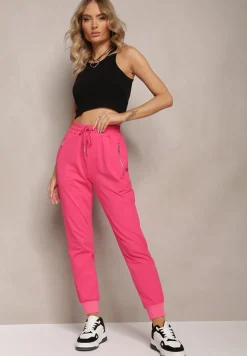 Fuksjowe Dresowe Spodnie Bawełniane Joggery z Kieszeniami na Suwaki Bieitta