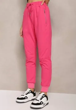 Fuksjowe Dresowe Spodnie Bawełniane Joggery z Kieszeniami na Suwaki Bieitta