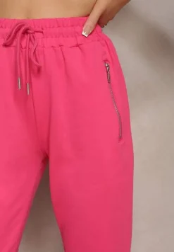 Fuksjowe Dresowe Spodnie Bawełniane Joggery z Kieszeniami na Suwaki Bieitta