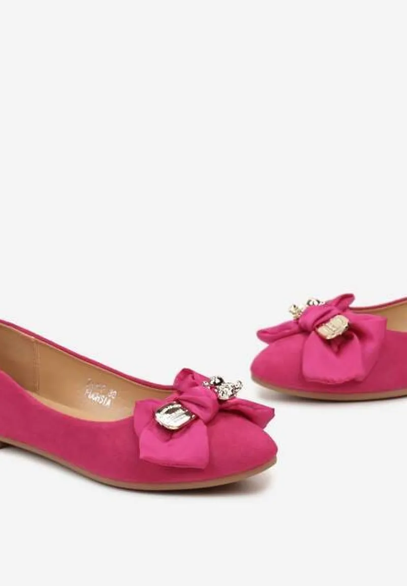 Fuksjowe Eleganckie Balerinki z Kokardką i Metaliczną Klamrą Kleveni