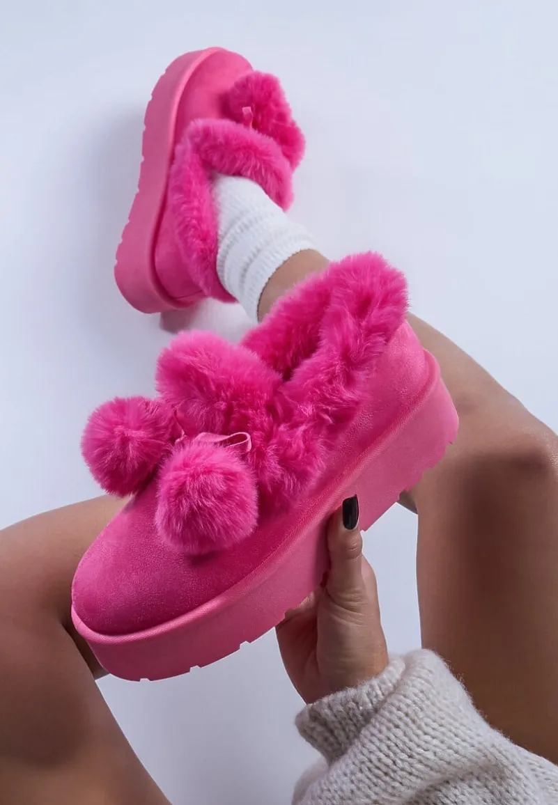 Fuksjowe Śniegowce na Platformie z Pomponami i Ozdobnym Sztucznym Futerkiem Iriviane