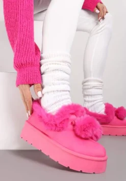 Fuksjowe Śniegowce na Platformie z Pomponami i Ozdobnym Sztucznym Futerkiem Iriviane