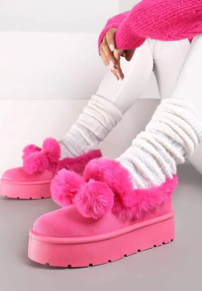 Fuksjowe Śniegowce na Platformie z Pomponami i Ozdobnym Sztucznym Futerkiem Iriviane